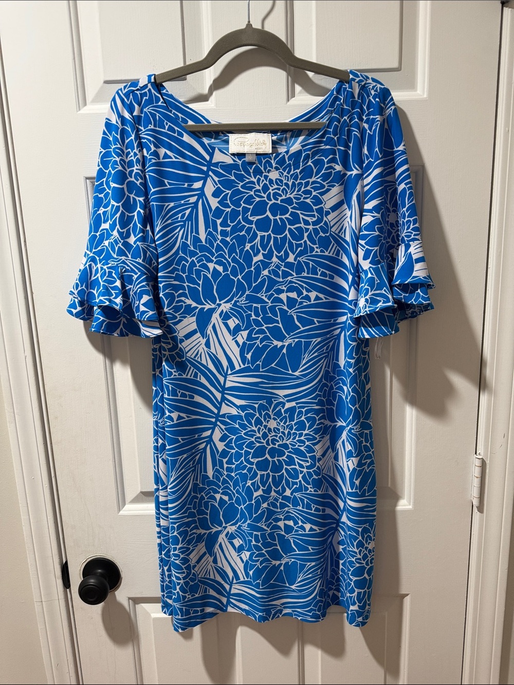 Blue Floral Shift Mini Dress with Ruffle Sleeves